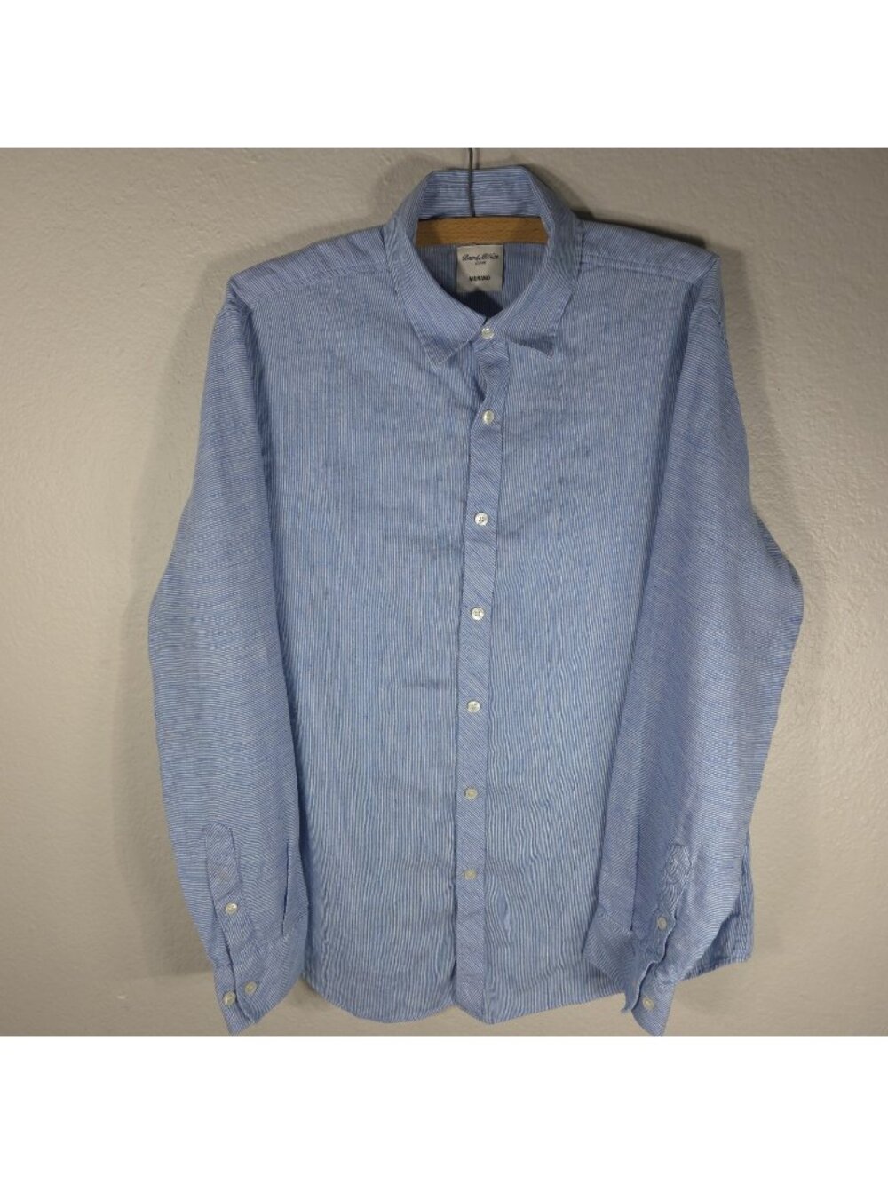 Murano Baird McNutt Mens Sz L Linen Blue Striped Button Up Shirt Long Sleeve